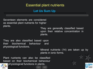 Let Us Sum Up
Plant nutrients can also be classified
based on their biochemical behaviour
and physiological functions in plants.
Seventeen elements are considered
as essential plant nutrients for higher
plants.
They are generally classified based
upon their relative concentration in
plants.
They are also classified based upon
their biochemical behaviour and
physiological functions.
Mineral nutrients (14) are taken up by
plants in ionic forms.
Essential plant nutrients
 