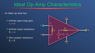Ideal Op-Amp Characteristics
• An ideal op-amp has:
 Infinite open-loop gain
Av = ∞
 Infinite input resistance
Ri = ∞
 Zero output resistance
Ro = 0
 