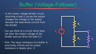 Buffer (Voltage-Follower)
RL
VS
R1
R2
• In the classic voltage divider circuit,
attaching a load RL across the output
changes the voltage at the output
because the load draws current from
the divider.
• Can you think of a circuit which does
not alter the output voltage of the
divider and can drive the load RL?
• Hint: The input resistance of a buffer is
practically infinite and its output
resistance is ideally zero. 
 
