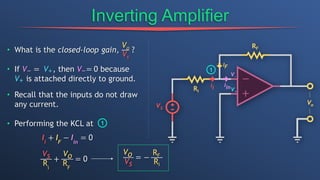 Inverting Amplifier
• What is the closed-loop gain,
Vo
Vs
?
• If V− = V+, then V−= 0 because
V+ is attached directly to ground.
• Recall that the inputs do not draw
any current.
• Performing the KCL at
1
1
Ii
IF
Iin
Ii
+ IF
− Iin
= 0
Vs
Ri
+
Vo
RF
= 0
Vo
Vs
= −
RF
Ri
 