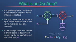 What is an Op-Amp?
• In engineering speak, an op-amp
is a differential amplifier with a
single-ended output.
• That just means that its output is
equal to the difference of its two
inputs multiplied by a gain
constant.
• In this configuration, the amount
of amplification is determined
entirely by the op-amp’s internal
open-loop gain Av. Y = Av × X1 − X2
Output Function:
 