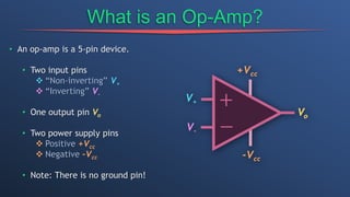What is an Op-Amp?
• An op-amp is a 5-pin device.
• Two input pins
 “Non-inverting” V+
 “Inverting” V-
• One output pin Vo
• Two power supply pins
 Positive +Vcc
 Negative –Vcc
• Note: There is no ground pin!
 