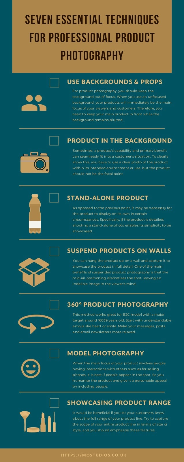 Essential professional product photography techniques infographic