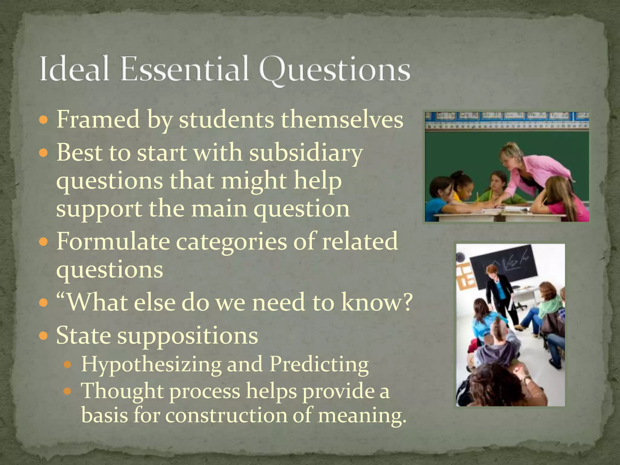 Analysis – Ability to see parts/relationshipsWhat other ways…? Similar/Different (Venn)Interpretation – What kind of person…? What caused the person to react in this way…?  What part was most exciting, sad…?Synthesis – Parts of information to create original wholeWhat would it be like if…? Design, pretend, use your imagination, write a new ending…More Blooming Questions