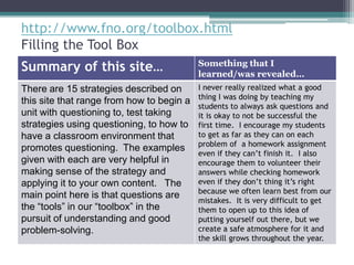 http://www.fno.org/toolbox.html
Filling the Tool Box
Summary of this site…                      Something that I
                                           learned/was revealed…
There are 15 strategies described on       I never really realized what a good
                                           thing I was doing by teaching my
this site that range from how to begin a
                                           students to always ask questions and
unit with questioning to, test taking      it is okay to not be successful the
strategies using questioning, to how to    first time. I encourage my students
have a classroom environment that          to get as far as they can on each
                                           problem of a homework assignment
promotes questioning. The examples
                                           even if they can’t finish it. I also
given with each are very helpful in        encourage them to volunteer their
making sense of the strategy and           answers while checking homework
applying it to your own content. The       even if they don’t thing it’s right
                                           because we often learn best from our
main point here is that questions are
                                           mistakes. It is very difficult to get
the “tools” in our “toolbox” in the        them to open up to this idea of
pursuit of understanding and good          putting yourself out there, but we
problem-solving.                           create a safe atmosphere for it and
                                           the skill grows throughout the year.
 