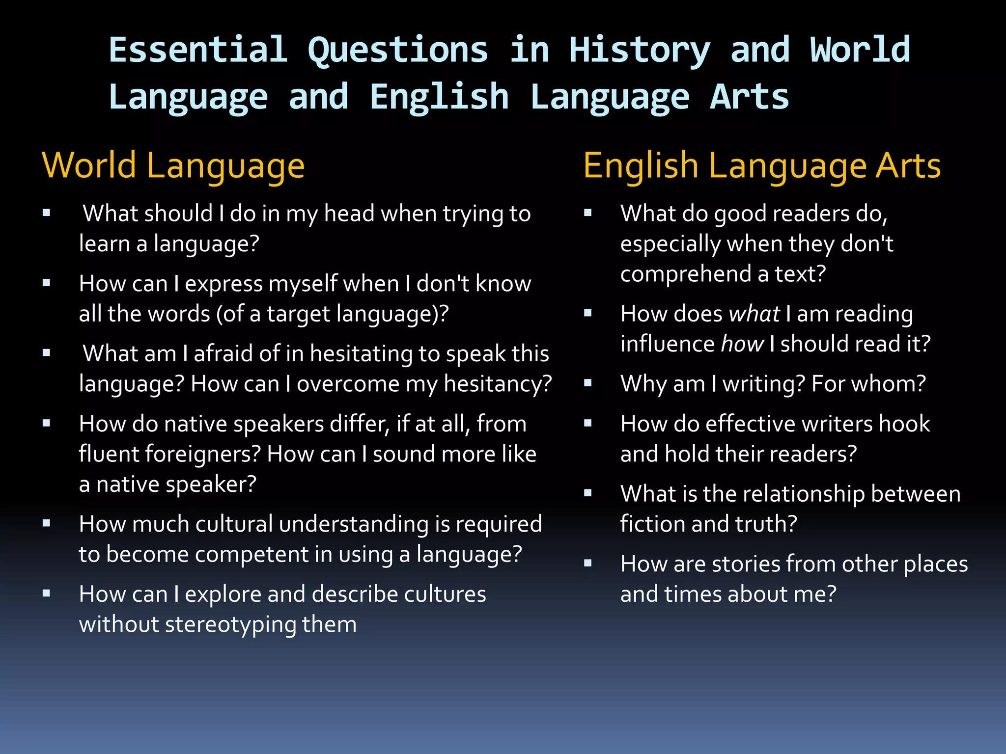 Essential Questions in History and World
Language and English Language Arts
World Language
 What should I do in my head when trying to
learn a language?
 How can I express myself when I don't know
all the words (of a target language)?
 What am I afraid of in hesitating to speak this
language? How can I overcome my hesitancy?
 How do native speakers differ, if at all, from
fluent foreigners? How can I sound more like
a native speaker?
 How much cultural understanding is required
to become competent in using a language?
 How can I explore and describe cultures
without stereotyping them
English Language Arts
 What do good readers do,
especially when they don't
comprehend a text?
 How does what I am reading
influence how I should read it?
 Why am I writing? For whom?
 How do effective writers hook
and hold their readers?
 What is the relationship between
fiction and truth?
 How are stories from other places
and times about me?
 