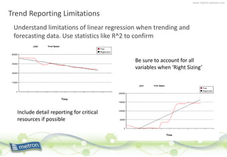 www.metron-athene.com
Trend Reporting Limitations
Understand limitations of linear regression when trending and
forecasting data. Use statistics like R^2 to confirm
Be sure to account for all
variables when ‘Right Sizing’
Include detail reporting for critical
resources if possible
 