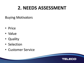 2. NEEDS ASSESSMENT
Buying Motivators
• Price
• Value
• Quality
• Selection
• Customer Service
 