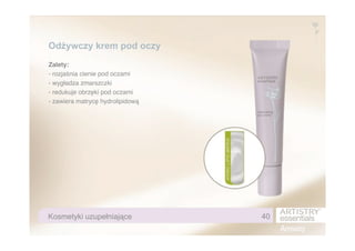 Od"ywczy krem pod oczy
Zalety:
- rozja'nia cienie pod oczami
- wyg#adza zmarszczki
- redukuje obrz$ki pod oczami
- zawiera matryc$ hydrolipidow!




Kosmetyki uzupe$niaj'ce           40
 