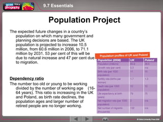 The expected future changes in a country’s
population on which many government and
planning decisions are based. The UK
population is projected to increase 10.5
million, from 60.6 million in 2006, to 71.1
million by 2031. 53 per cent of this will be
due to natural increase and 47 per cent due
to migration.
Dependency ratio
The number too old or young to be working
divided by the number of working age (16-
64 years). This ratio is increasing in the UK
and Poland, as birth rate declines, the
population ages and larger number of
retired people are no longer working.
Population Project
9.7 Essentials
 