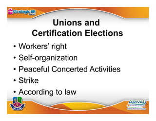 Unfair Labor Practice
• Violation of workers’ right
• Self-organization & CBA
• Committed by employer or by union
• Define...