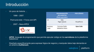 Introducción
• Un poco de historia …
– 1999 – 2007:
Point-and-click + Force.com API
– 2007 – Nace APEX
• APEX: lenguaje de programación que permite ejecutar código en los servidores de la plataforma
Salesforce.
• Diseñado específicamente para expresar lógica de negocio y manipular datos bajo demanda en
un entorno multitenant.
PROGRAMACIÓN
DECLARATIVA
(Point-and-click )
POR CÓDIGO
UI Tabs
Page Layouts
…
VisualForce
Business
Logic
Formula Fields
Validation Rules
...
Apex Code
 