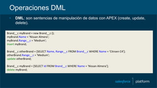 Operaciones DML
• DML: son sentencias de manipulación de datos con APEX (create, update,
delete).
Brand__c myBrand = new Brand__c ();
myBrand.Name = 'Nissan Almera';
myBrand.Range__c = 'Medium';
insert myBrand;
Brand__c otherBrand = [SELECT Name, Range__c FROM Brand__c WHERE Name = 'Citroen C4'];
otherBrand.Range__c = 'Medium';
update otherBrand;
Brand__c myBrand = [SELECT Id FROM Brand__c WHERE Name = 'Nissan Almera'];
delete myBrand;
 