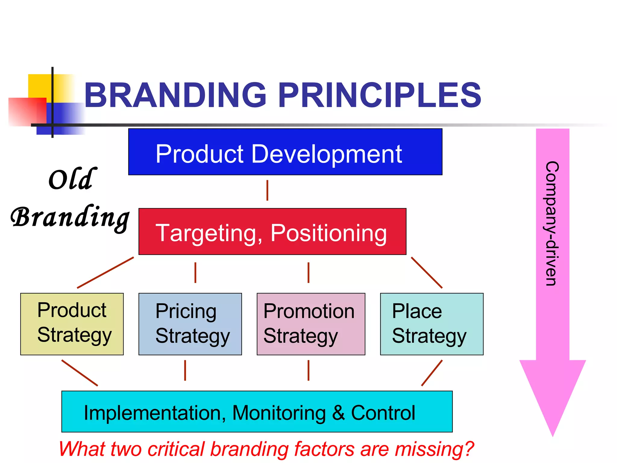 BRANDING PRINCIPLES Product Development Targeting, Positioning Product Strategy Pricing Strategy Promotion Strategy  Place Strategy Implementation, Monitoring & Control What two critical branding factors are missing? Old Branding Company-driven 