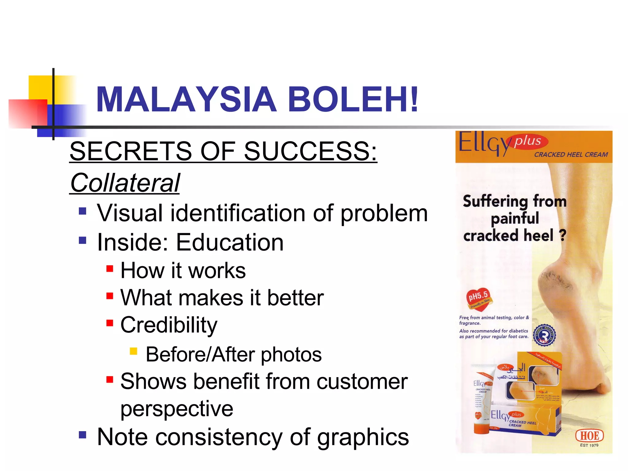 MALAYSIA BOLEH! SECRETS OF SUCCESS: Collateral Visual identification of problem Inside: Education How it works What makes it better Credibility Before/After photos Shows benefit from customer perspective Note consistency of graphics 