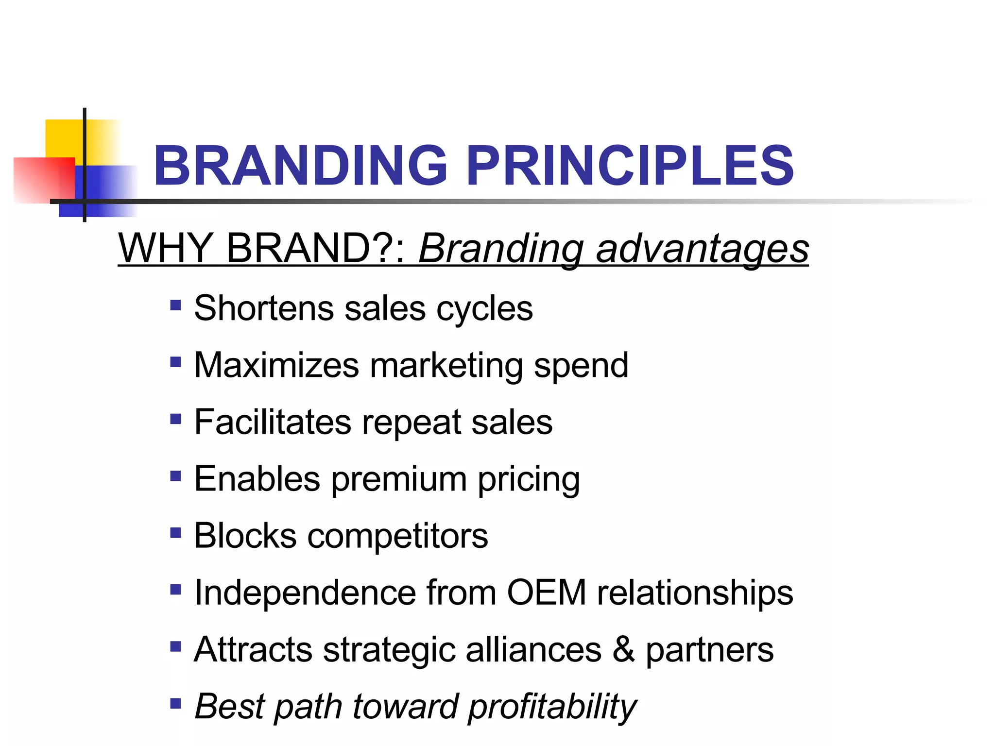 BRANDING PRINCIPLES WHY BRAND?:  Branding advantages Shortens sales cycles Maximizes marketing spend Facilitates repeat sales  Enables premium pricing Blocks competitors Independence from OEM relationships Attracts strategic alliances & partners Best path toward profitability 