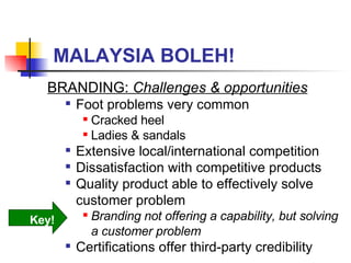 MALAYSIA BOLEH! BRANDING:  Challenges & opportunities Foot problems very common Cracked heel Ladies & sandals Extensive local/international competition Dissatisfaction with competitive products Quality product able to effectively solve customer problem Branding not offering a capability, but solving a customer problem Certifications offer third-party credibility Key! 