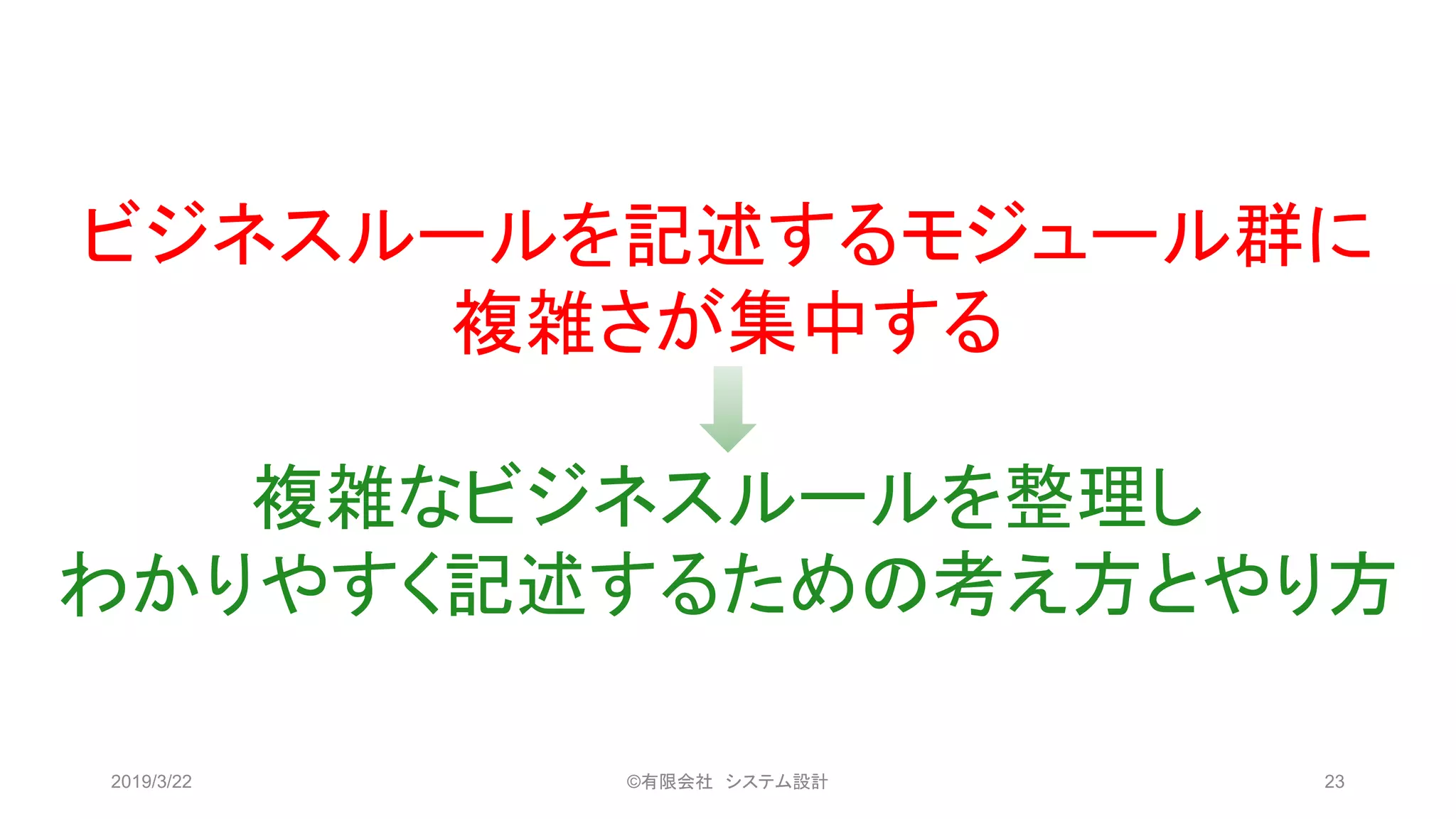 ビジネスルールを記述するモジュール群に
複雑さが集中する
複雑なビジネスルールを整理し
わかりやすく記述するための考え方とやり方
2019/3/22 ©有限会社 システム設計 23
 