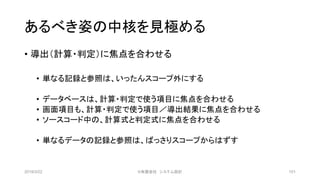 あるべき姿の中核を見極める
• 導出（計算・判定）に焦点を合わせる
• 単なる記録と参照は、いったんスコープ外にする
• データベースは、計算・判定で使う項目に焦点を合わせる
• 画面項目も、計算・判定で使う項目／導出結果に焦点を合わせる
• ソースコード中の、計算式と判定式に焦点を合わせる
• 単なるデータの記録と参照は、ばっさりスコープからはずす
2019/3/22 ©有限会社 システム設計 101
 