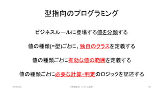 型指向のプログラミング
ビジネスルールに登場する値を分類する
値の種類(=型)ごとに、独自のクラスを定義する
値の種類ごとに有効な値の範囲を定義する
値の種類ごとに必要な計算・判定のロジックを記述する
2019/3/22 ©有限会社 システム設計 36
 
