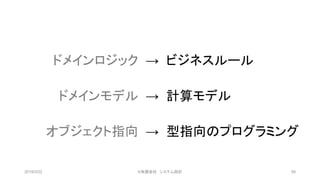 2019/3/22 ©有限会社 システム設計 58
ドメインロジック → ビジネスルール
ドメインモデル → 計算モデル
オブジェクト指向 → 型指向のプログラミング
 