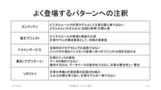 よく登場するパターンへの注釈
エンティティ
ビジネスルールや計算モデルとして主要な関心事ではない
どちらかといえば入出力（記録と参照）の関心事
値オブジェクト
ビジネスルールの整理と実装の主役
計算モデルの構成要素として、別格の重要度
ドメインサービス
型指向のプログラミングの道具ではない
メソッドの引数をインスタンス変数に持つオブジェクトの設計を試みる
集約（アグリゲート）
計算ロジックの集約
データの集約ではない
維持するのは、データベースの整合性ではなく、計算の整合性と一貫性
リポジトリ
計算の準備と計算結果の記録の仕組み
入出力の関心事であり、計算モデルの一部ではない
2019/3/22 ©有限会社 システム設計 63
 
