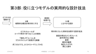第３部：役に立つモデルの実用的な設計技法
2019/3/22 ©有限会社 システム設計 74
９章
暗黙的な概念を明示的にする
１０章
しなやかな設計
ビジネスルールが
コードで明示できてないことの検知
「制約」や「ルール」を
クラスやメソッドで表現する実験
ぎこちなくても、とにかくコードにしてみる
明示的になった素材を改善する設計技法
意図の明白なインタフェース
副作用のない関数
表明
概念の輪郭
独立したクラス
閉じた操作
表現を
改善する
ビジネスを
理解する
 