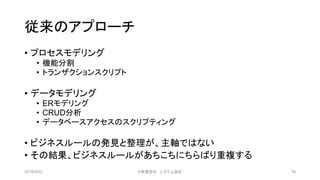 従来のアプローチ
• プロセスモデリング
• 機能分割
• トランザクションスクリプト
• データモデリング
• ERモデリング
• CRUD分析
• データベースアクセスのスクリプティング
• ビジネスルールの発見と整理が、主軸ではない
• その結果、ビジネスルールがあちこちにちらばり重複する
2019/3/22 ©有限会社 システム設計 78
 