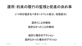 運用：約束の履行の監視と促進の決め事
いつ何が起きるべきか（イベント区分、状態区分）
起きたことの検知
起きなかったことの検知
起きた場合のアクション
起きなかった場合のアクション
2019/3/22 ©有限会社 システム設計 89
 