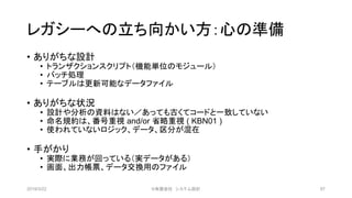 レガシーへの立ち向かい方：心の準備
• ありがちな設計
• トランザクションスクリプト（機能単位のモジュール）
• バッチ処理
• テーブルは更新可能なデータファイル
• ありがちな状況
• 設計や分析の資料はない／あっても古くてコードと一致していない
• 命名規約は、番号重視 and/or 省略重視 ( KBN01 )
• 使われていないロジック、データ、区分が混在
• 手がかり
• 実際に業務が回っている（実データがある）
• 画面、出力帳票、データ交換用のファイル
2019/3/22 ©有限会社 システム設計 97
 