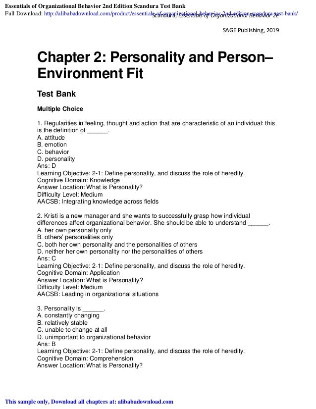 Essentials Of Organizational Behavior 2nd Edition Scandura Test Bank