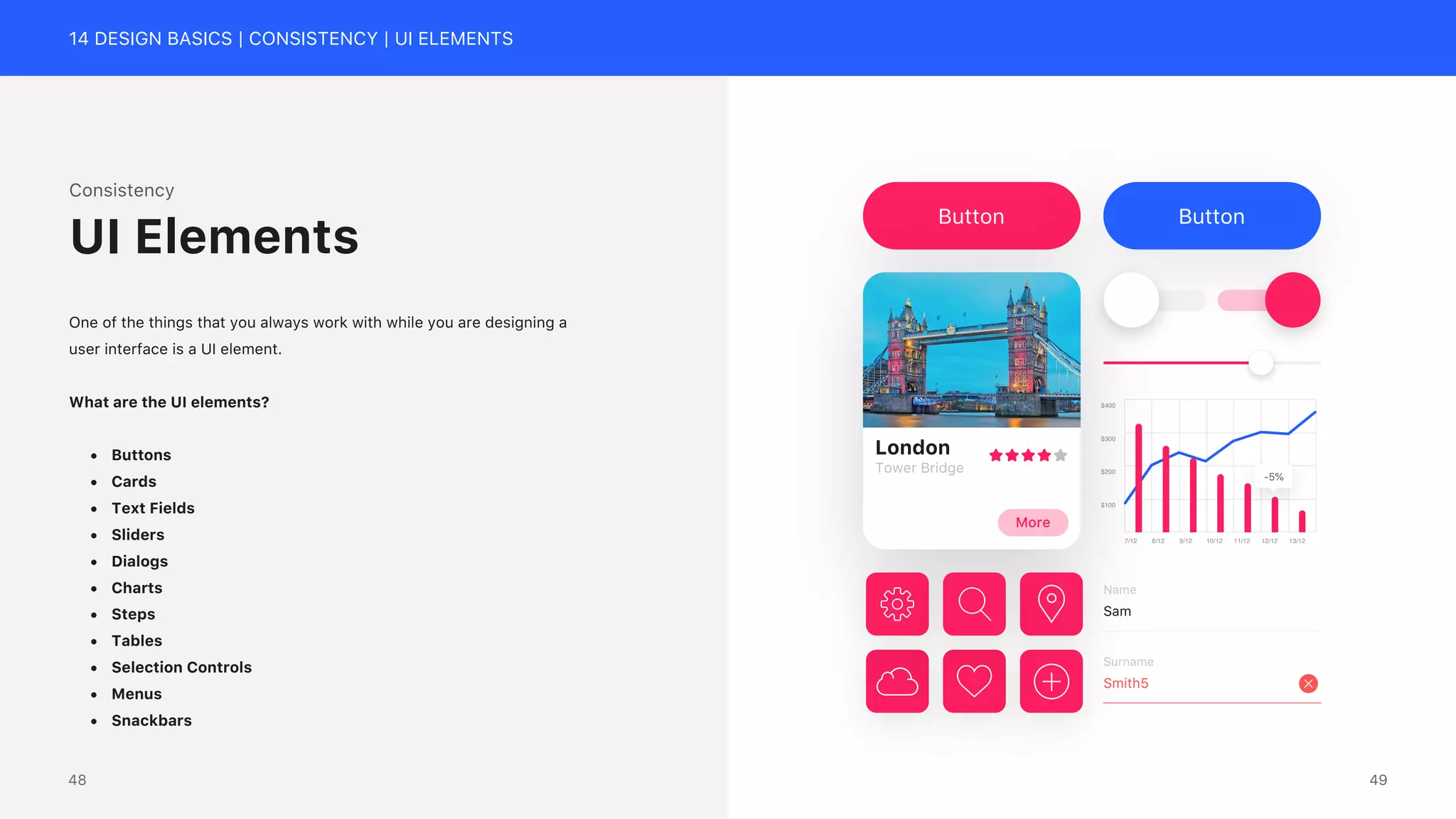 14 DESIGN BASICS | CONSISTENCY | UI ELEMENTS
13/12
12/12
11/12
10/12
9/12
8/12
7/12
$100
$200
$300
$400
-5%
Button Button
London
Tower Bridge
More
Name
Sam
Surname
Smith5
Consistency
One of the things that you always work with while you are designing a
user interface is a UI element.
What are the UI elements?
&bull; Buttons
&bull; Cards
&bull; Text Fields
&bull; Sliders
&bull; Dialogs
&bull; Charts
&bull; Steps
&bull; Tables
&bull; Selection Controls
&bull; Menus
&bull; Snackbars
UI Elements
49
48
 