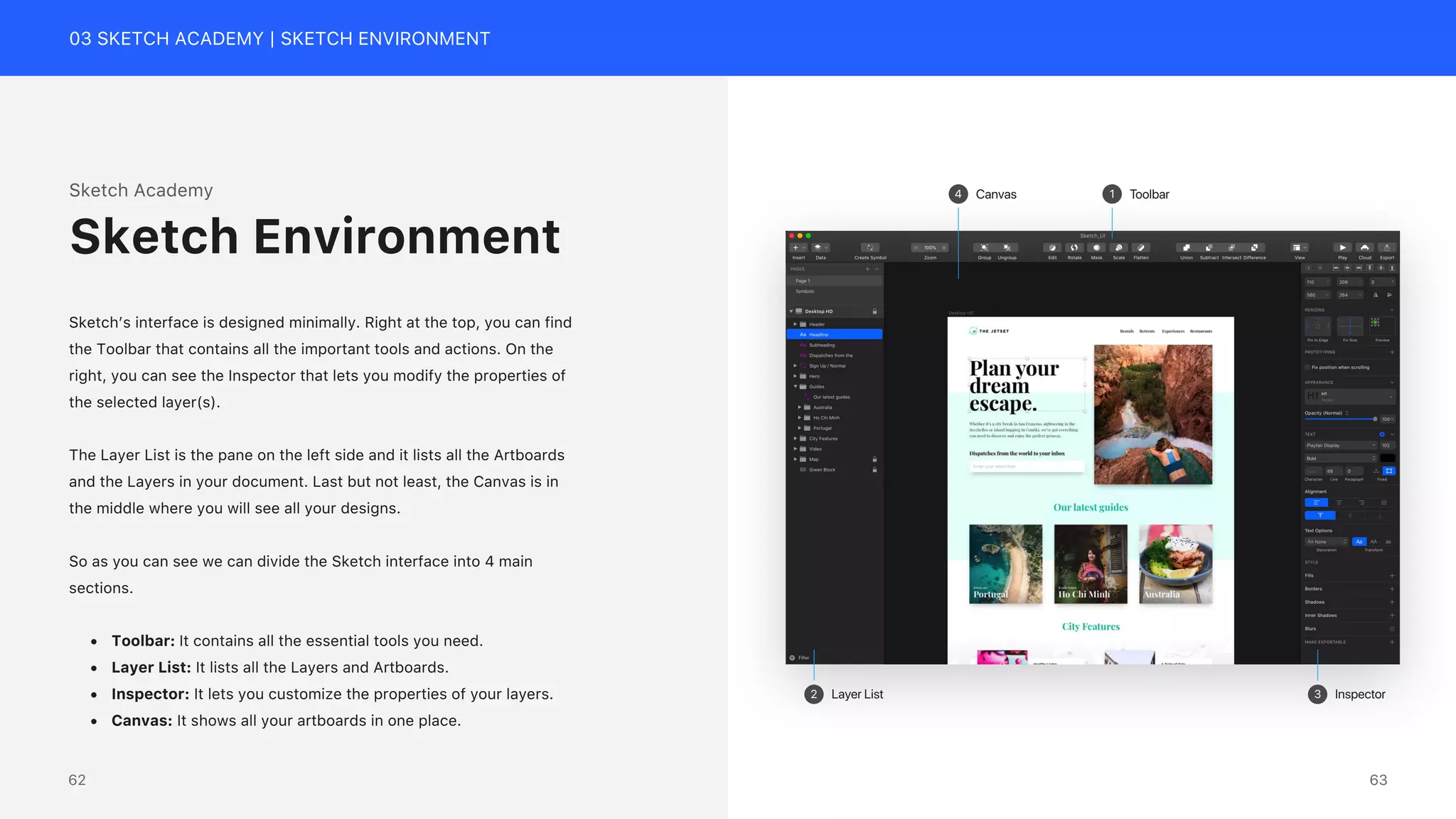 03 SKETCH ACADEMY | SKETCH ENVIRONMENT
Sketch Academy
Sketch&rsquo;s interface is designed minimally. Right at the top, you can find
the Toolbar that contains all the important tools and actions. On the
right, you can see the Inspector that lets you modify the properties of
the selected layer(s).
The Layer List is the pane on the left side and it lists all the Artboards
and the Layers in your document. Last but not least, the Canvas is in
the middle where you will see all your designs.
So as you can see we can divide the Sketch interface into 4 main
sections.
&bull; Toolbar: It contains all the essential tools you need.
&bull; Layer List: It lists all the Layers and Artboards.
&bull; Inspector: It lets you customize the properties of your layers.
&bull; Canvas: It shows all your artboards in one place.
Sketch Environment
1 Toolbar
4 Canvas
2 Layer List 3 Inspector
63
62
 