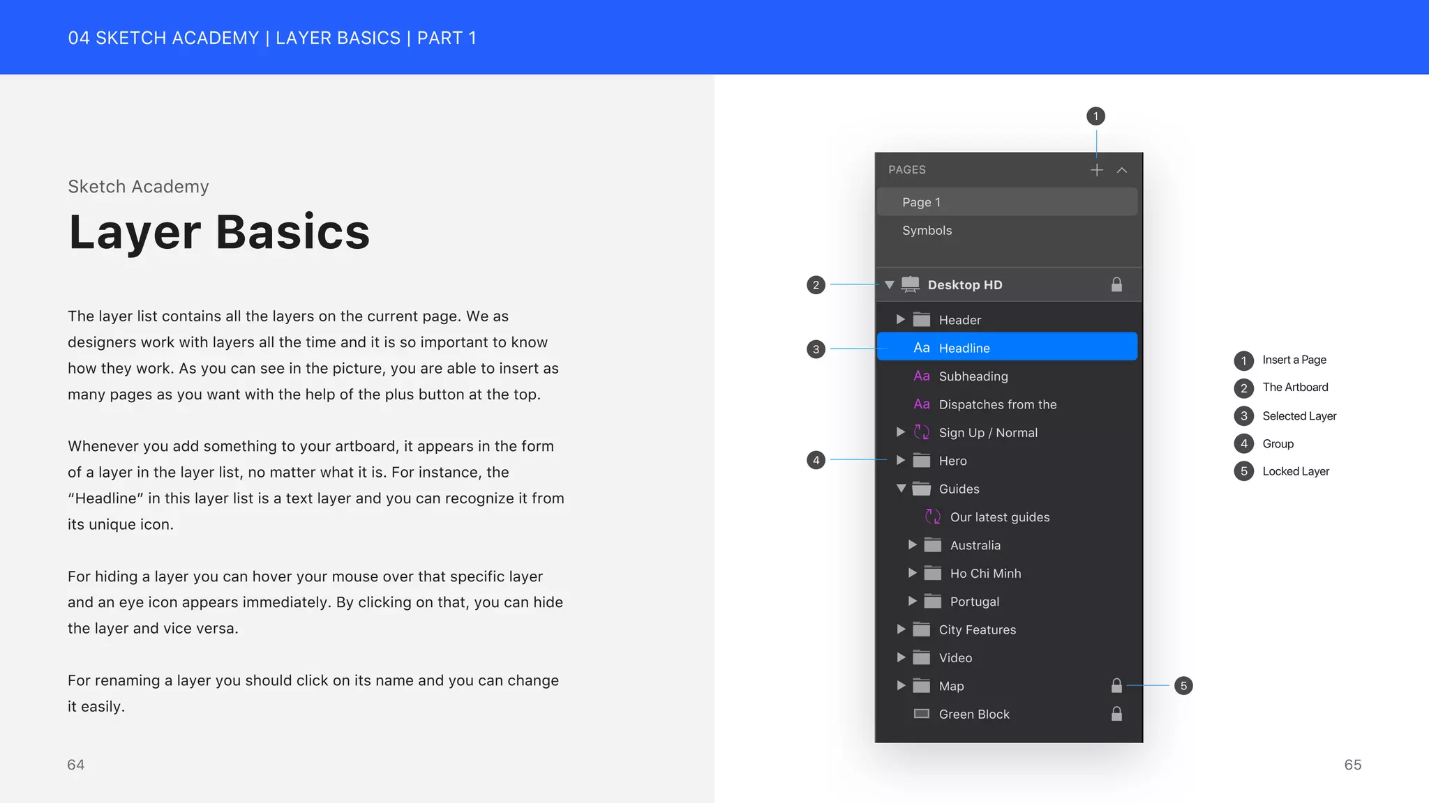 04 SKETCH ACADEMY | LAYER BASICS | PART 1
1
2
3
Insert a Page
The Artboard
Selected Layer
Group
Locked Layer
4
5
Headline
Subheading
Dispatches from the
Sign Up / Normal
Header
Hero
Australia
Ho Chi Minh
Guides
Portugal
Our latest guides
City Features
Video
Map
Green Block
Desktop HD
Page 1
Symbols
PAGES
1
5
2
4
3
Sketch Academy
The layer list contains all the layers on the current page. We as
designers work with layers all the time and it is so important to know
how they work. As you can see in the picture, you are able to insert as
many pages as you want with the help of the plus button at the top.
Whenever you add something to your artboard, it appears in the form
of a layer in the layer list, no matter what it is. For instance, the
&ldquo;Headline&rdquo; in this layer list is a text layer and you can recognize it from
its unique icon.
For hiding a layer you can hover your mouse over that specific layer
and an eye icon appears immediately. By clicking on that, you can hide
the layer and vice versa.
For renaming a layer you should click on its name and you can change
it easily.
Layer Basics
65
64
 