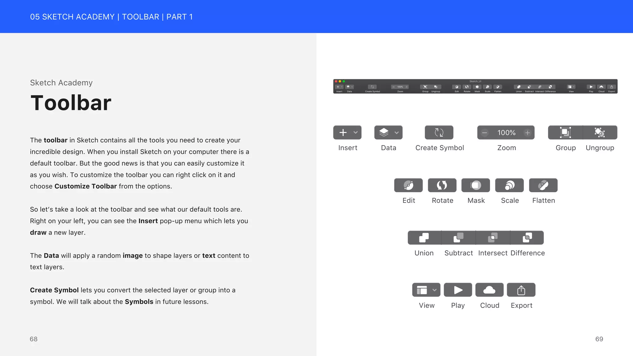 05 SKETCH ACADEMY | TOOLBAR | PART 1
Sketch Academy
The toolbar in Sketch contains all the tools you need to create your
incredible design. When you install Sketch on your computer there is a
default toolbar. But the good news is that you can easily customize it
as you wish. To customize the toolbar you can right click on it and
choose Customize Toolbar from the options.
So let&rsquo;s take a look at the toolbar and see what our default tools are.
Right on your left, you can see the Insert pop-up menu which lets you
draw a new layer.
The Data will apply a random image to shape layers or text content to
text layers.
Create Symbol lets you convert the selected layer or group into a
symbol. We will talk about the Symbols in future lessons.
Toolbar
Sketch_UI
Export
Cloud
Play
View
Union Subtract Intersect Difference
Flatten
Scale
Mask
Rotate
Edit
Group Ungroup
Zoom
100%
Create Symbol
Data
Insert
Zoom
100%
Create Symbol
Data
Insert Group Ungroup
Flatten
Scale
Mask
Rotate
Edit
Union Subtract Intersect Difference
Export
Cloud
Play
View
69
68
 