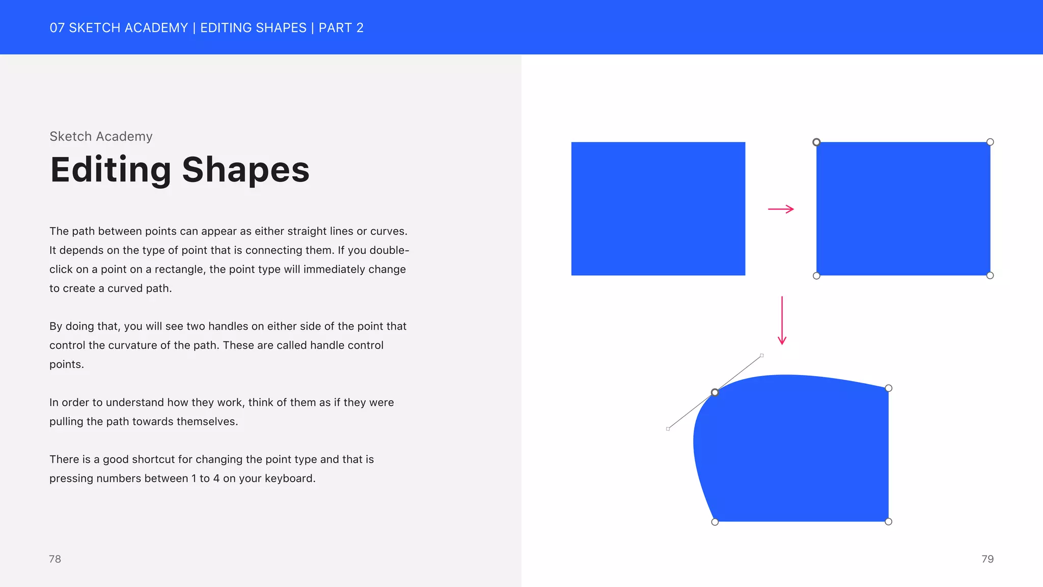 07 SKETCH ACADEMY | EDITING SHAPES | PART 2
Sketch Academy
The path between points can appear as either straight lines or curves.
It depends on the type of point that is connecting them. If you double-
click on a point on a rectangle, the point type will immediately change
to create a curved path.
By doing that, you will see two handles on either side of the point that
control the curvature of the path. These are called handle control
points.
In order to understand how they work, think of them as if they were
pulling the path towards themselves.
There is a good shortcut for changing the point type and that is
pressing numbers between 1 to 4 on your keyboard.
Editing Shapes
79
78
 