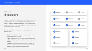 14 UI ELEMENTS | STEPPERS
UI Elements
Steppers show progress through a sequence of logical and numbered
steps. Sometimes you may use them for navigation. Steppers may
display a temporary feedback message after a step is saved. Using
steppers could help users to avoid losing their focus when they need
to fill up forms or take some action.
When you are designing steppers, make sure to pay attention to the
following things:
• Sections: Do not embed steppers into other steppers or use
multiple steppers on one page.
• Types: Generally there are two types of steps, editable steps
and non-editable steps. We have horizontal steppers and vertical
steppers.
• Feedback: You can optionally design transient feedback to
show the users the progression. You should only use feedback
whenever there is a long latency between steps.
Steppers
1 Shipping 2 Payment 3 Receipt
Shipping 2 Payment 3 Receipt
Shipping Payment Receipt
Shipping
Payment
2
Receipt
3
Shipping
Payment
Receipt
145
144
 
