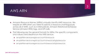 AWS ARN
 Amazon Resource Names (ARNs) uniquely identify AWS resources. We
require an ARN when you need to specify a resource unambiguously
across all of AWS, such as in IAM policies, Amazon Relational Database
Service (Amazon RDS) tags, and API calls.
 The following are the general formats for ARNs; the specific components
and values used depend on the AWS service.
 arn:partition:service:region:account-id:resource
 arn:partition:service:region:account-id:resourcetype/resource
 arn:partition:service:region:account-id:resourcetype:resource
SaM's AWS Learning series!
3
 