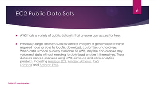EC2 Public Data Sets
 AWS hosts a variety of public datasets that anyone can access for free.
 Previously, large datasets such as satellite imagery or genomic data have
required hours or days to locate, download, customize, and analyze.
When data is made publicly available on AWS, anyone can analyze any
volume of data without needing to download or store it themselves. These
datasets can be analyzed using AWS compute and data analytics
products, including Amazon EC2, Amazon Athena, AWS
Lambda and Amazon EMR.
SaM's AWS Learning series!
6
 