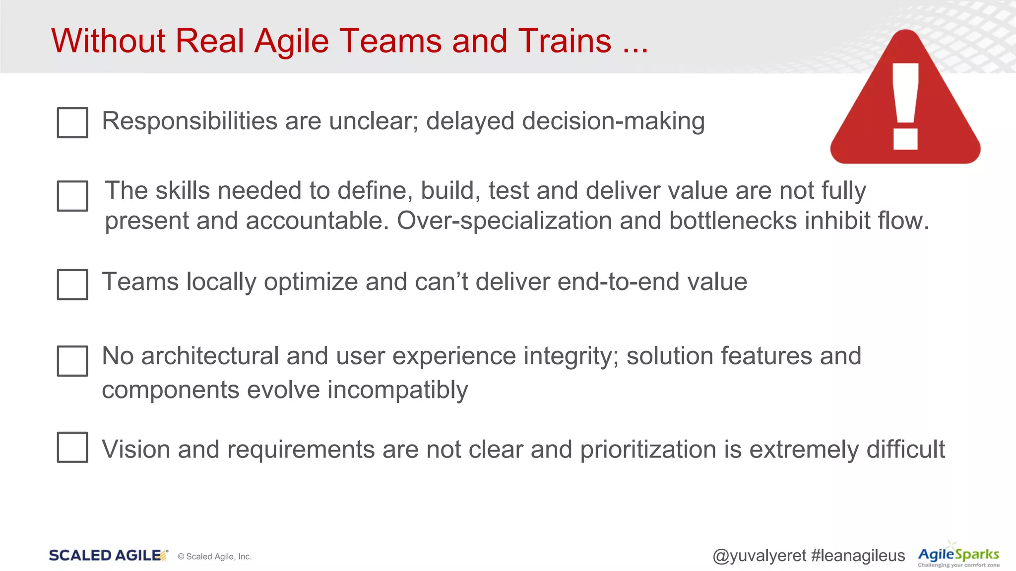 © Scaled Agile, Inc. @yuvalyeret #leanagileus
Without Real Agile Teams and Trains ...
Vision and requirements are not clear and prioritization is extremely difficult
No architectural and user experience integrity; solution features and
components evolve incompatibly
Teams locally optimize and can’t deliver end-to-end value
Responsibilities are unclear; delayed decision-making
The skills needed to define, build, test and deliver value are not fully
present and accountable. Over-specialization and bottlenecks inhibit flow.
 