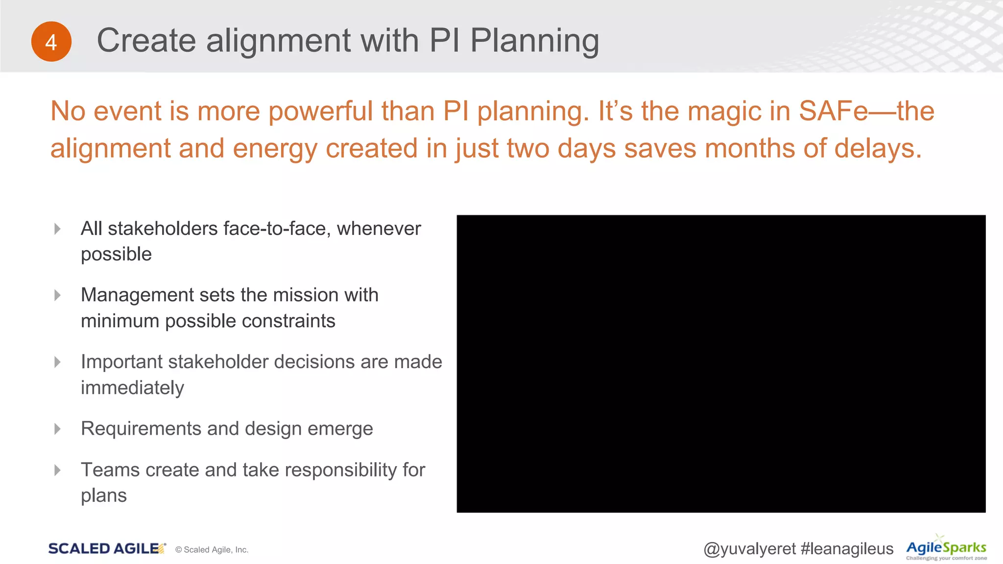 © Scaled Agile, Inc. @yuvalyeret #leanagileus
Create alignment with PI Planning
No event is more powerful than PI planning. It’s the magic in SAFe—the
alignment and energy created in just two days saves months of delays.
4 All stakeholders face-to-face, whenever
possible
4 Management sets the mission with
minimum possible constraints
4 Important stakeholder decisions are made
immediately
4 Requirements and design emerge
4 Teams create and take responsibility for
plans
4
 
