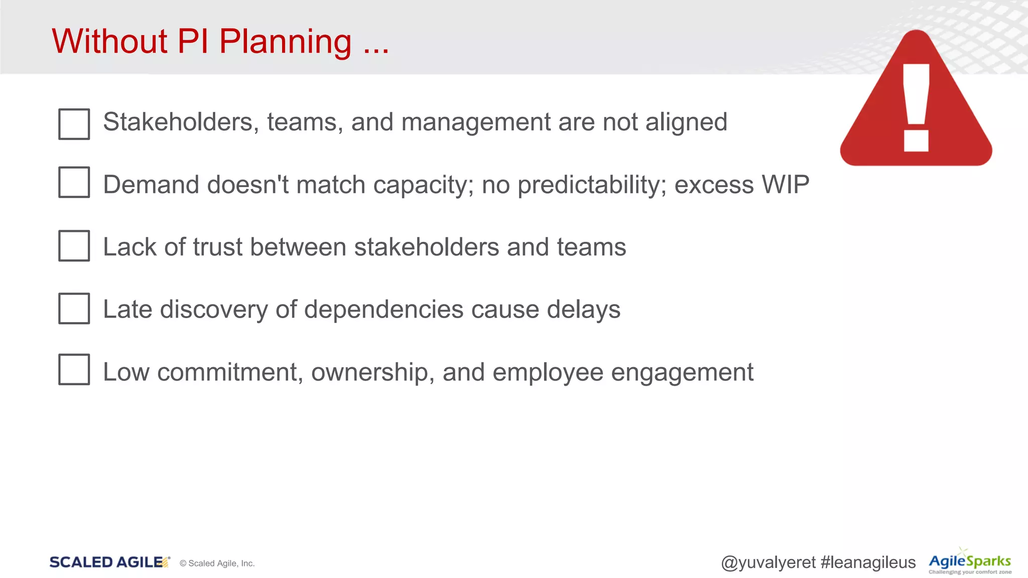 © Scaled Agile, Inc. @yuvalyeret #leanagileus
Without PI Planning ...
Stakeholders, teams, and management are not aligned
Demand doesn't match capacity; no predictability; excess WIP
Lack of trust between stakeholders and teams
Late discovery of dependencies cause delays
Low commitment, ownership, and employee engagement
 
