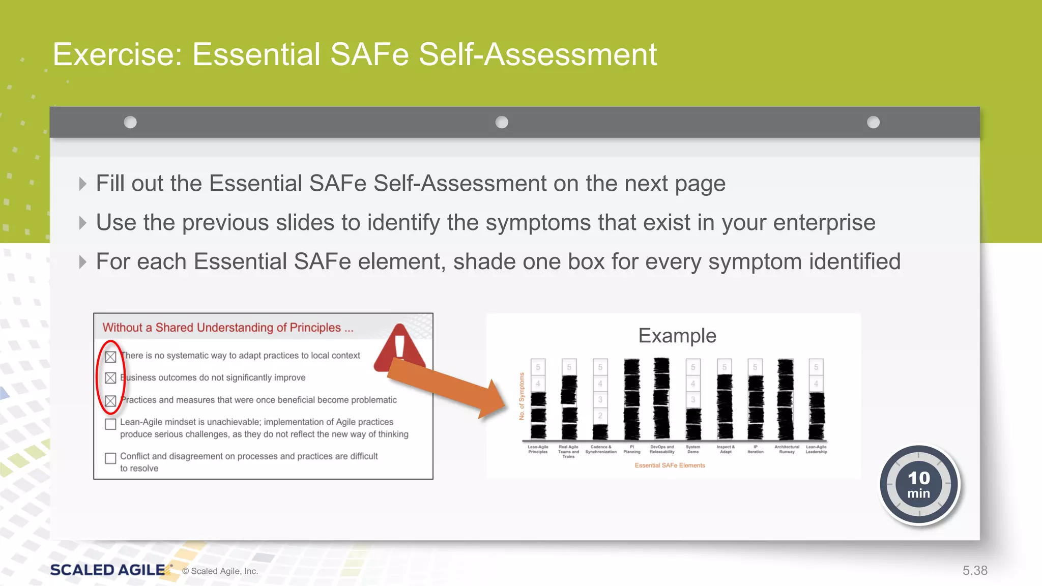 © Scaled Agile, Inc. @yuvalyeret #leanagileus
© 2016 Scaled Agile, Inc. All Rights Reserved.
5.38© Scaled Agile, Inc.
Exercise: Essential SAFe Self-Assessment
4Fill out the Essential SAFe Self-Assessment on the next page
4Use the previous slides to identify the symptoms that exist in your enterprise
4For each Essential SAFe element, shade one box for every symptom identified
10
min
Example
 