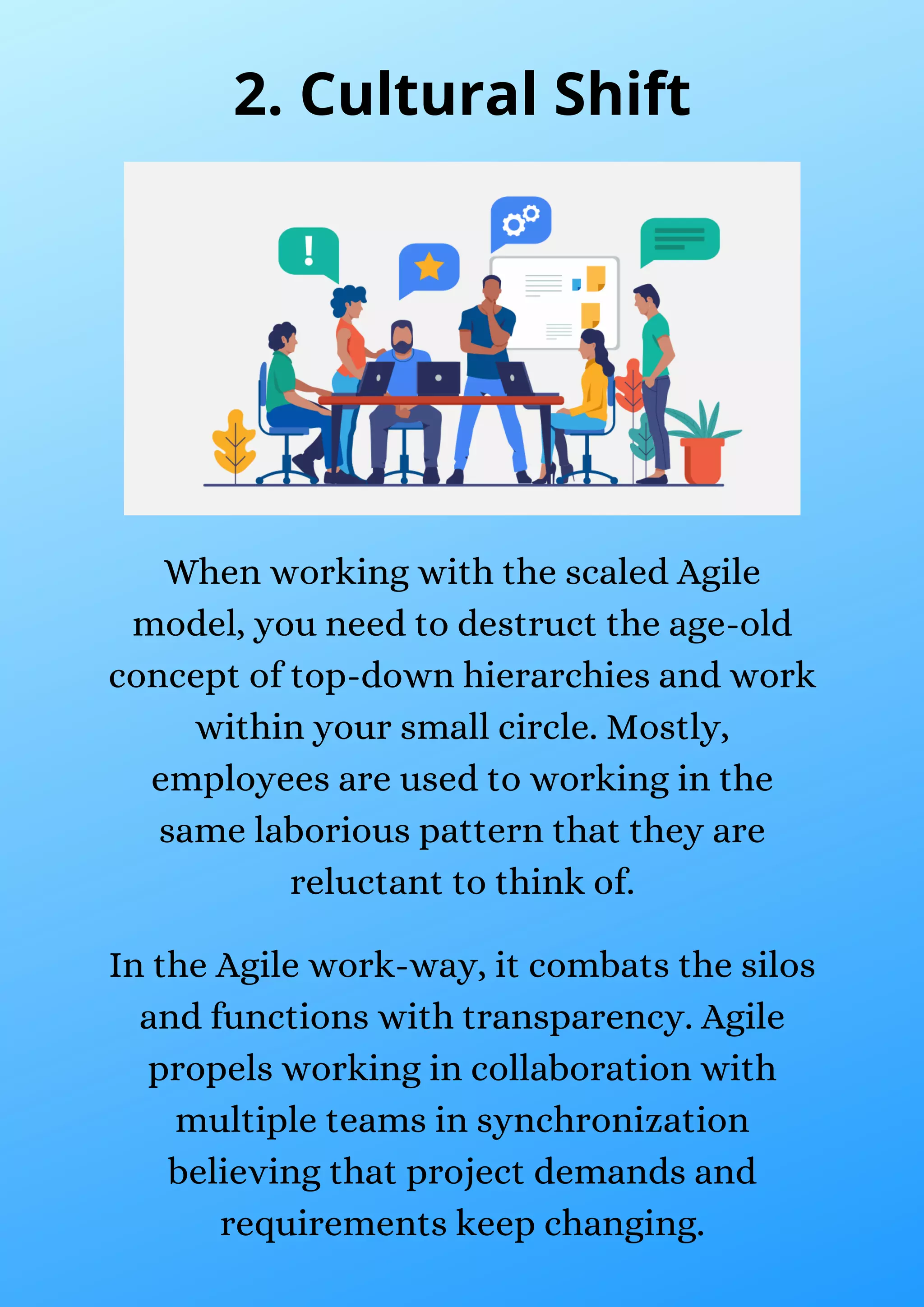 When working with the scaled Agile
model, you need to destruct the age-old
concept of top-down hierarchies and work
within your small circle. Mostly,
employees are used to working in the
same laborious pattern that they are
reluctant to think of.
In the Agile work-way, it combats the silos
and functions with transparency. Agile
propels working in collaboration with
multiple teams in synchronization
believing that project demands and
requirements keep changing.
2. Cultural Shift
 