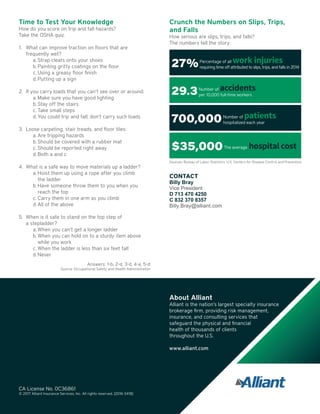 Time to Test Your Knowledge
How do you score on trip and fall hazards?
Take the OSHA quiz.
1.	 What can improve traction on floors that are
frequently wet?
a.	Strap cleats onto your shoes
b.	Painting gritty coatings on the floor
c.	Using a greasy floor finish
d.	Putting up a sign
2.	 If you carry loads that you can’t see over or around:
a.	Make sure you have good lighting
b.	Stay off the stairs
c.	Take small steps
d.	You could trip and fall; don’t carry such loads
3.	 Loose carpeting, stair treads, and floor tiles:
a.	Are tripping hazards
b.	Should be covered with a rubber mat
c.	Should be reported right away
d.	Both a and c
4.	 What is a safe way to move materials up a ladder?
a.	Hoist them up using a rope after you climb
the ladder
b.	Have someone throw them to you when you
reach the top
c.	Carry them in one arm as you climb
d.	All of the above
5.	 When is it safe to stand on the top step of
a stepladder?
a.	When you can’t get a longer ladder
b.	When you can hold on to a sturdy item above
while you work
c.	When the ladder is less than six feet tall
d.	Never
			 Answers: 1-b, 2-d, 3-d, 4-a, 5-d
		 Source: Occupational Safety and Health Administration
Crunch the Numbers on Slips, Trips,
and Falls
How serious are slips, trips, and falls?
The numbers tell the story:
Sources: Bureau of Labor Statistics, U.S. Centers for Disease Control and Prevention
700,000
29.3
$35,000
About Alliant
Alliant is the nation’s largest specialty insurance
brokerage firm, providing risk management,
insurance, and consulting services that
safeguard the physical and financial
health of thousands of clients
throughout the U.S.
www.alliant.com
CA License No. 0C36861
© 2017 Alliant Insurance Services, Inc. All rights reserved. [2016-3418]
Number of patients
hospitalized each year
Number of accidents
per 10,000 full-time workers
The average hospital cost
27%Percentage of all work injuries
requiring time off attributed to slips, trips, and falls in 2014
CONTACT
Billy Bray
Vice President
D 713 470 4250
C 832 370 8357
Billy.Bray@alliant.com
 
