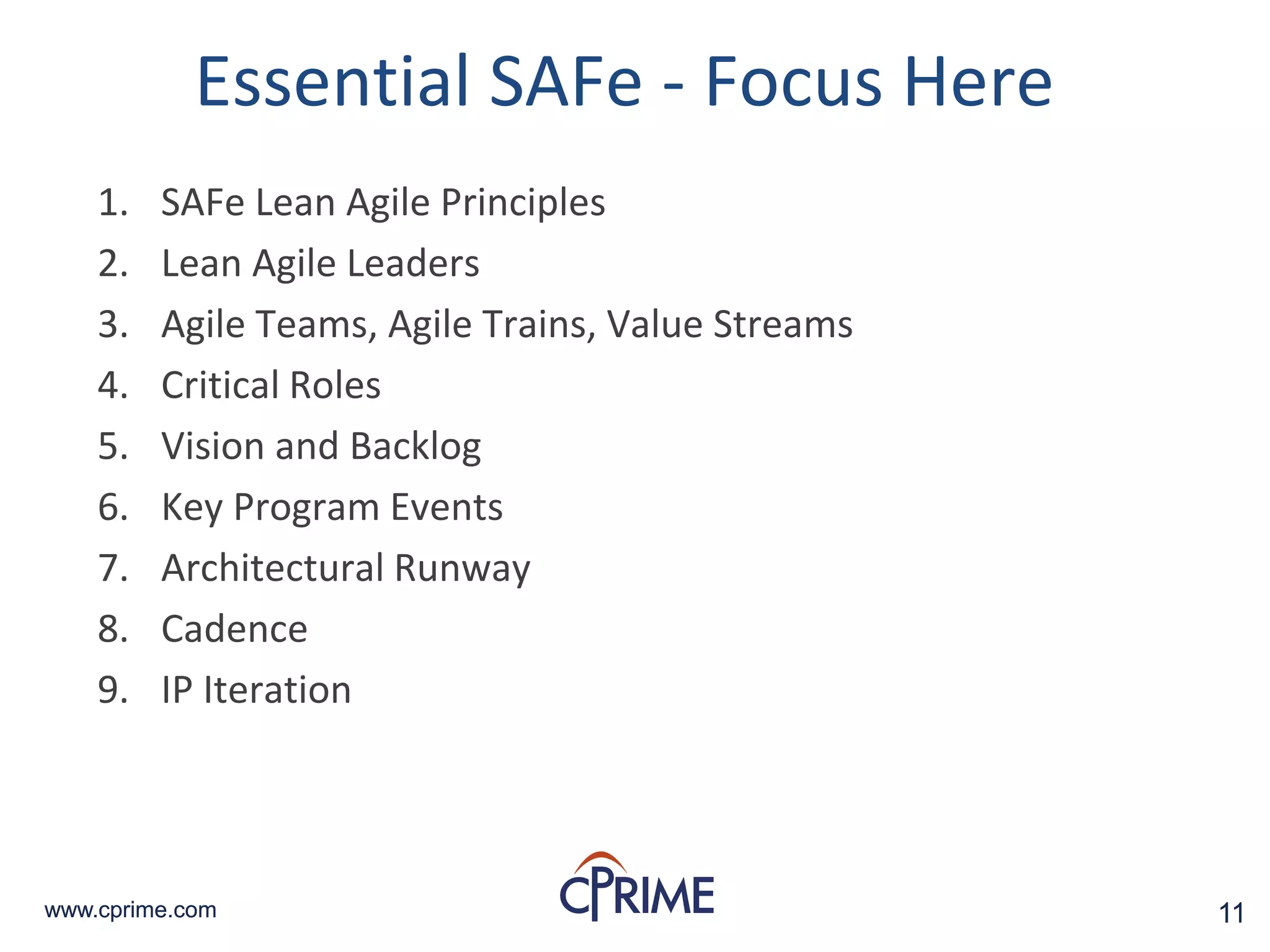 11www.cprime.com 11www.cprime.com
Essential SAFe - Focus Here
1. SAFe Lean Agile Principles
2. Lean Agile Leaders
3. Agile Teams, Agile Trains, Value Streams
4. Critical Roles
5. Vision and Backlog
6. Key Program Events
7. Architectural Runway
8. Cadence
9. IP Iteration
 