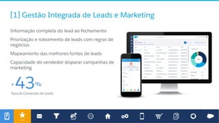 Leads
[1] Gestão Integrada de Leads e Marketing
​ Informação completa do lead ao fechamento
​ Priorização e roteamento de leads com regras de
negócios
​ Mapeamento das melhores fontes de leads
​ Capacidade do vendedor disparar campanhas de
marketing
TaxadeConversãodeLeads
+ 43%
 