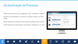 Integration
& Workﬂow
[4] Automação de Processos
​ Desenhe processos de negócios com “arrastar e soltar”
​ Ajude os vendedores a tomar as ações certas na hora
certa
​ Aprovações em tempo real usando colaboração social
​ Automação de aprovação de preços, despesas e outros
 