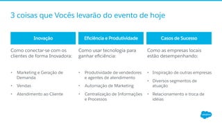 ​ Como conectar-se com os
clientes de forma Inovadora:
•  Marketing e Geração de
Demanda
•  Vendas
•  Atendimento ao Cliente
​ Como usar tecnologia para
ganhar eﬁciência:
•  Produtividade de vendedores
e agentes de atendimento
•  Automação de Marketing
•  Centralização de Informações
e Processos
​ Como as empresas locais
estão desempenhando:
•  Inspiração de outras empresas
•  Diversos segmentos de
atuação
•  Relacionamento e troca de
idéias
Inovação Eﬁciência e Produtividade Casos de Sucesso
3 coisas que Vocês levarão do evento de hoje
 