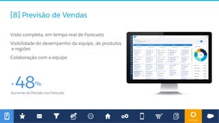 Forecasting
[8] Previsão de Vendas
​ Visão completa, em tempo-real de Forecasts
​ Visibilidade do desempenho da equipe, de produtos
e regiões
​ Colaboração com a equipe
AumentodePrecisãonosForecasts
+ 48%
 